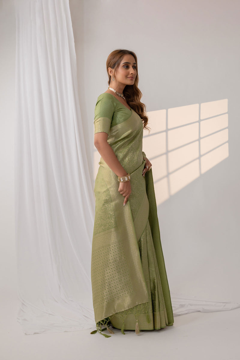 Gulmohar Green Satin Saree