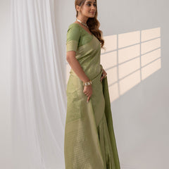 Gulmohar Green Satin Saree