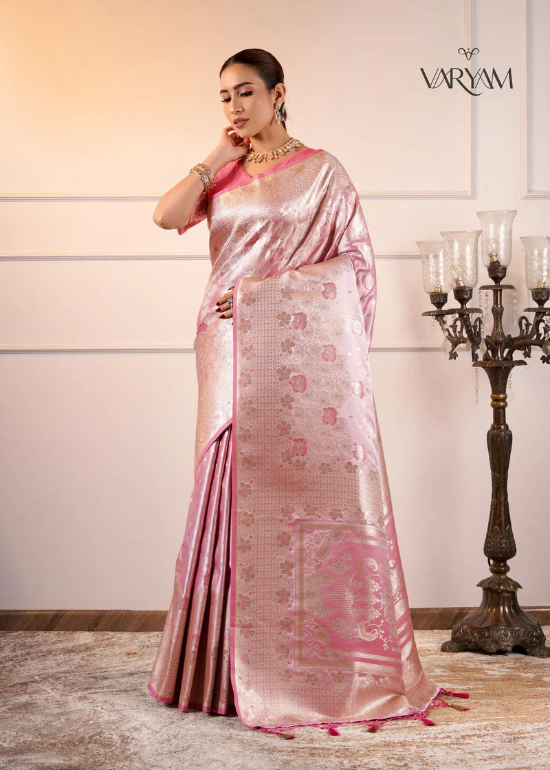 Makhmali Satin Woven Baby Pink Saree
