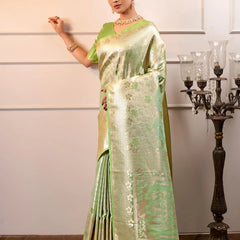 Makhmali Satin Woven Green Saree