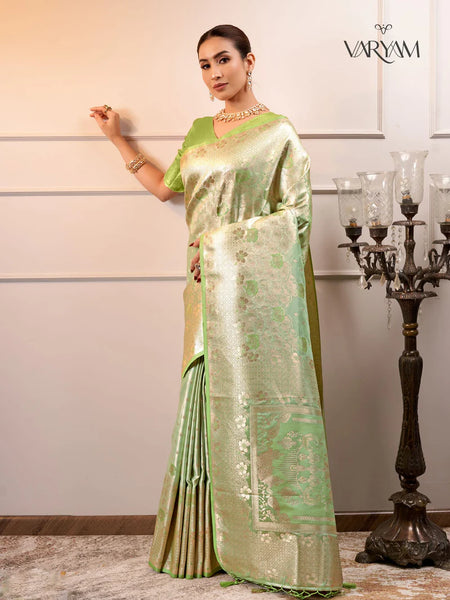 Makhmali Satin Woven Green Saree