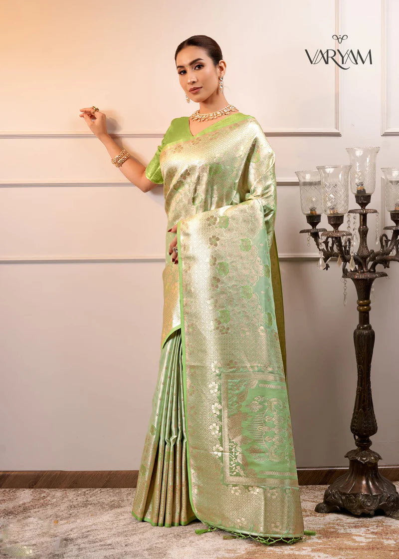 Makhmali Satin Woven Green Saree