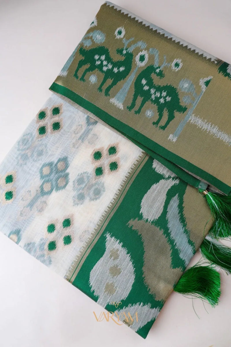 Patola Linen Cream Green Saree