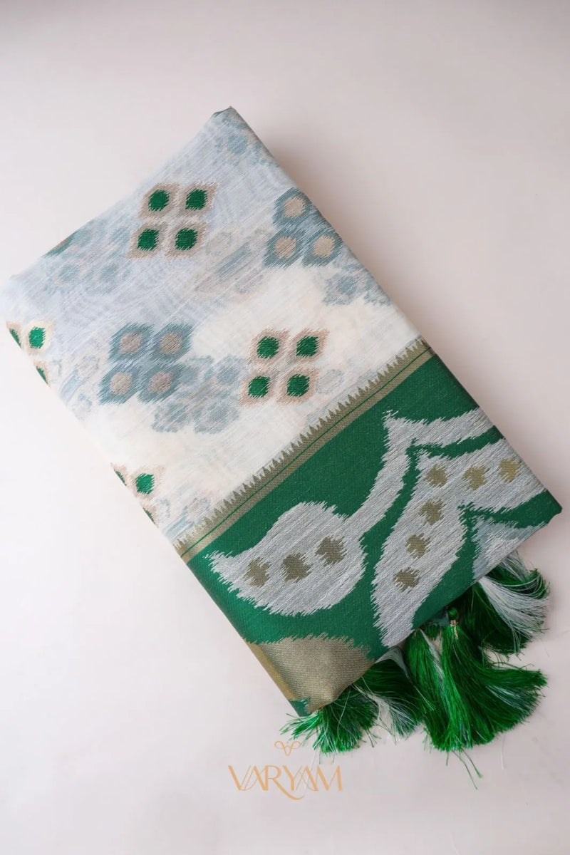 Patola Linen Cream Green Saree