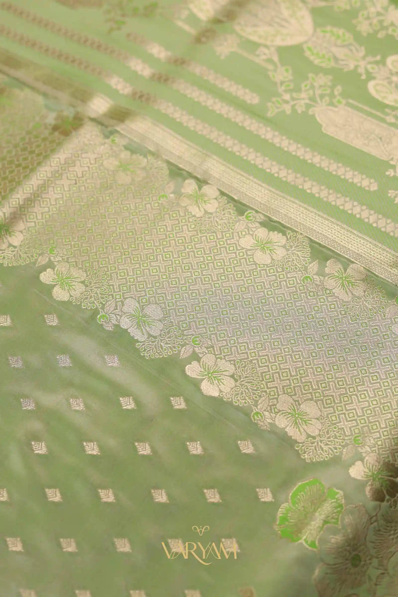 Makhmali Satin Woven Green Saree