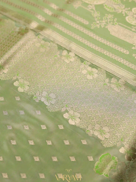 Makhmali Satin Woven Green Saree