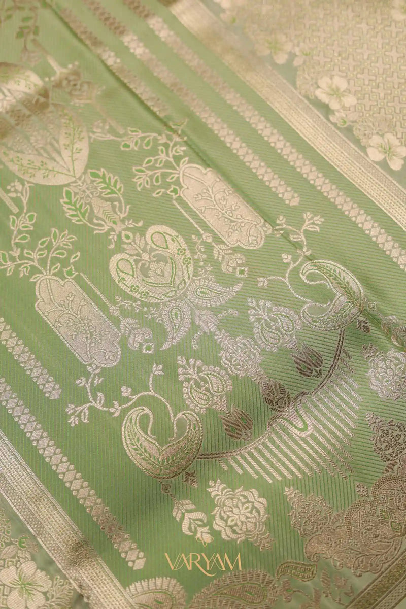 Makhmali Satin Woven Green Saree