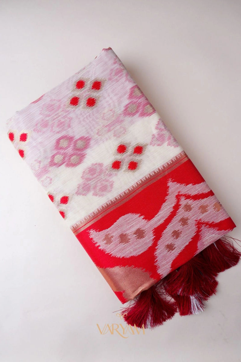Patola Linen Cream Red Saree