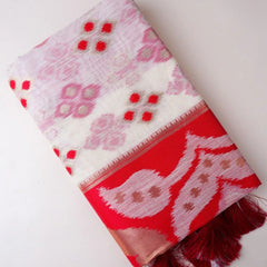 Patola Linen Cream Red Saree