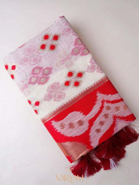 Patola Linen Cream Red Saree