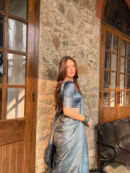 Gulnar Blue Satin Saree