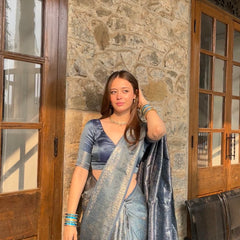 Gulnar Blue Satin Saree