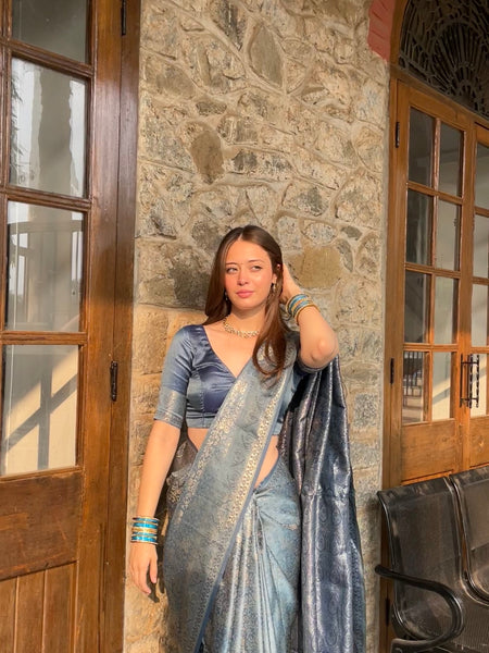 Gulnar Blue Satin Saree