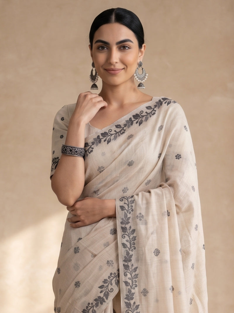 Zia Cream Black Cotton Saree