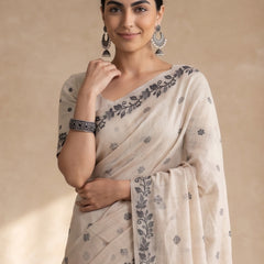 Zia Cream Black Cotton Saree