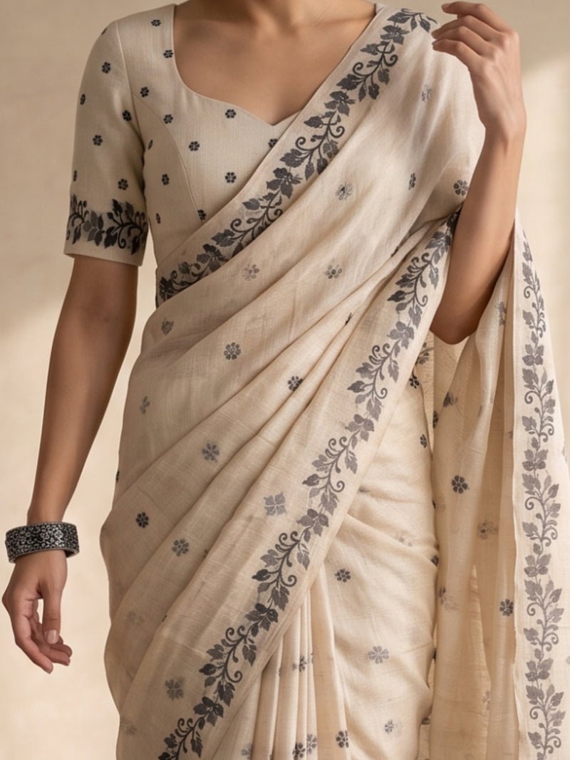 Zia Cream Black Cotton Saree