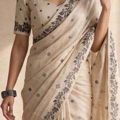 Zia Cream Black Cotton Saree
