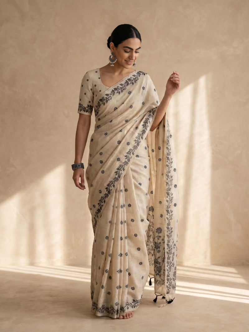 Zia Cream Black Cotton Saree