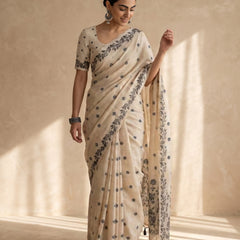 Zia Cream Black Cotton Saree