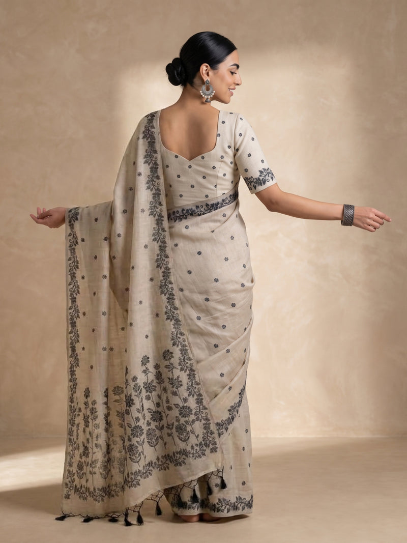 Zia Cream Black Cotton Saree