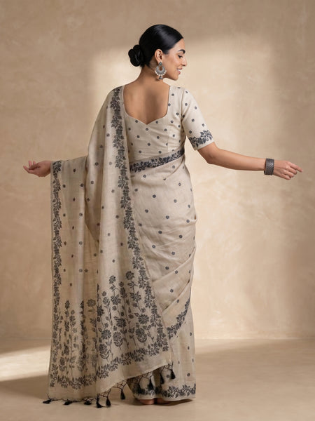 Zia Cream Black Cotton Saree