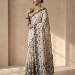 Zia Cream Black Cotton Saree