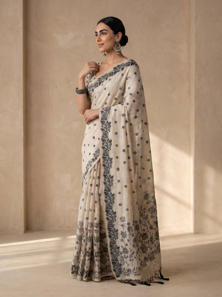 Zia Cream Black Cotton Saree