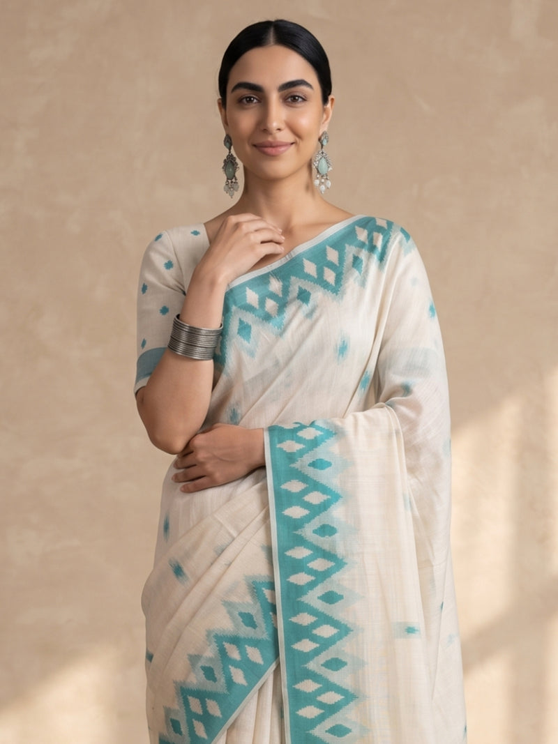 Nia Cream Teal Blue Cotton Saree