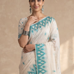 Nia Cream Teal Blue Cotton Saree