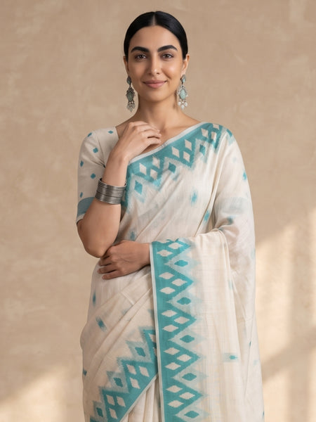 Nia Cream Teal Blue Cotton Saree
