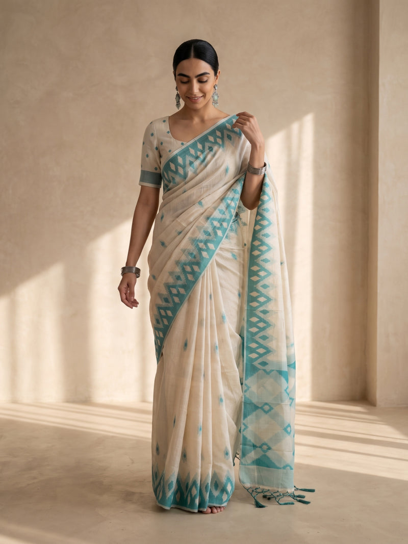 Nia Cream Teal Blue Cotton Saree