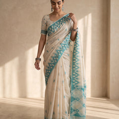 Nia Cream Teal Blue Cotton Saree