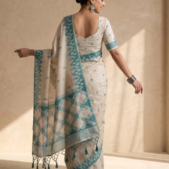 Nia Cream Teal Blue Cotton Saree