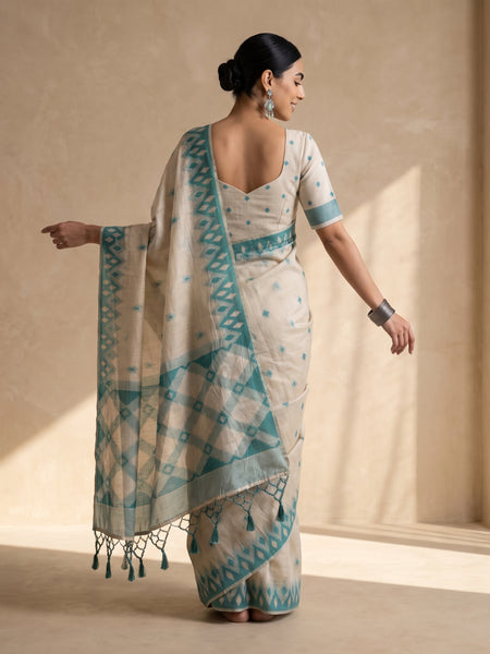 Nia Cream Teal Blue Cotton Saree