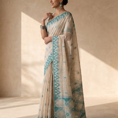 Nia Cream Teal Blue Cotton Saree