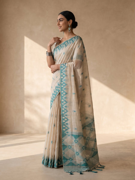 Nia Cream Teal Blue Cotton Saree