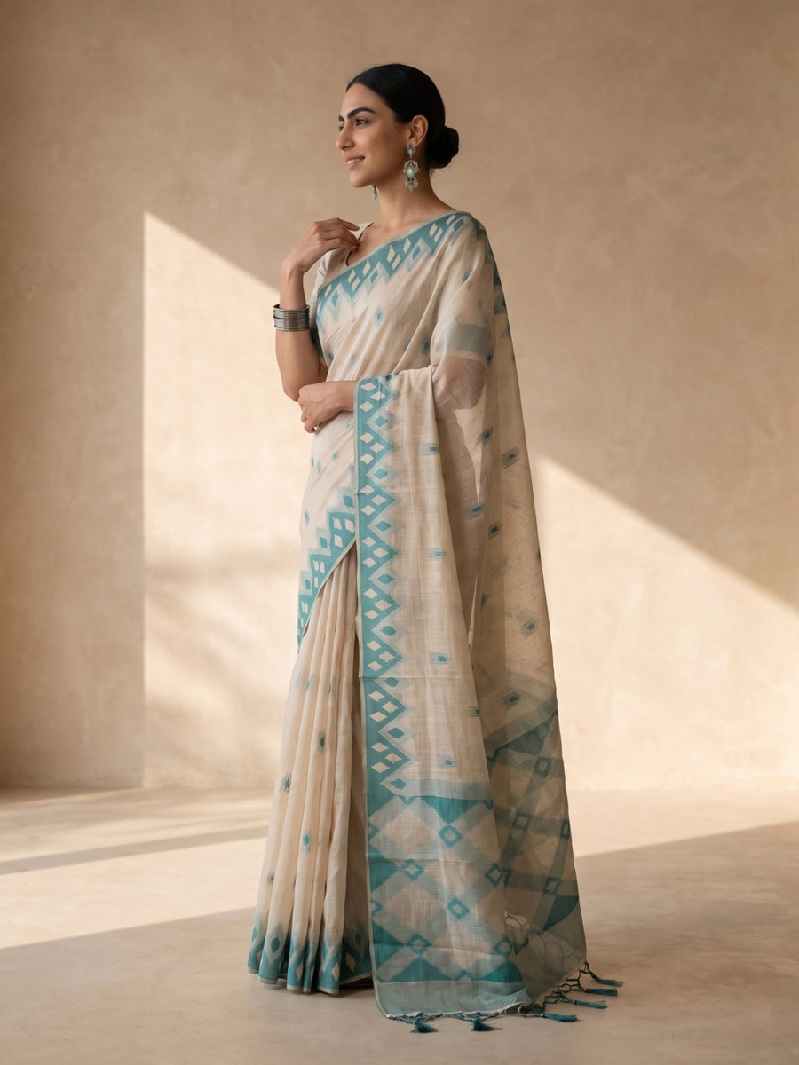 Nia Cream Teal Blue Cotton Saree
