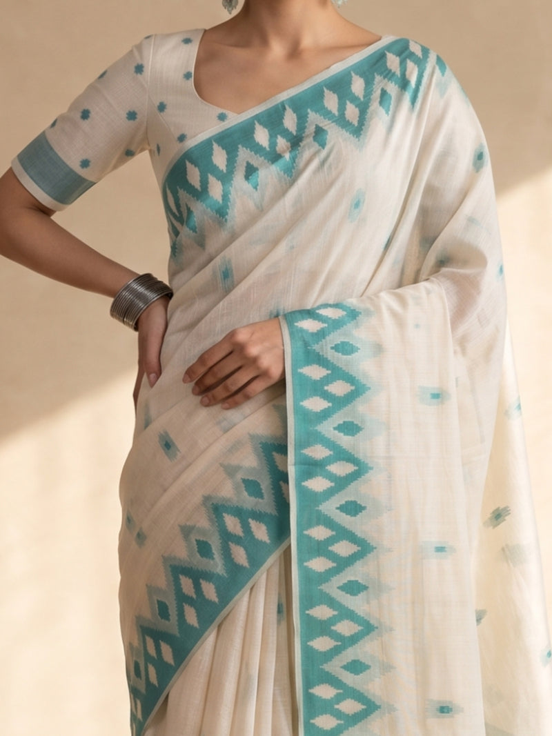 Nia Cream Teal Blue Cotton Saree