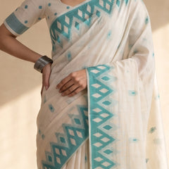 Nia Cream Teal Blue Cotton Saree
