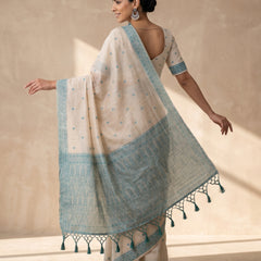 Ira Cream Teal Blue Cotton Saree