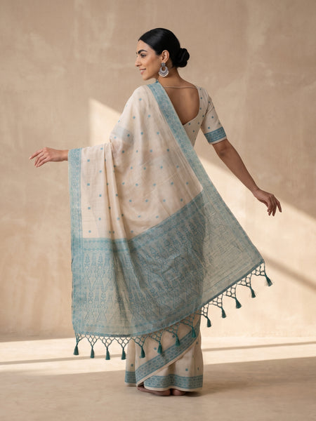 Ira Cream Teal Blue Cotton Saree