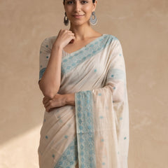 Ira Cream Teal Blue Cotton Saree