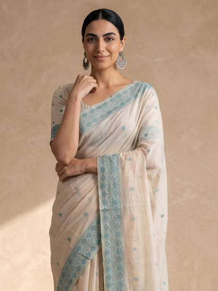 Ira Cream Teal Blue Cotton Saree
