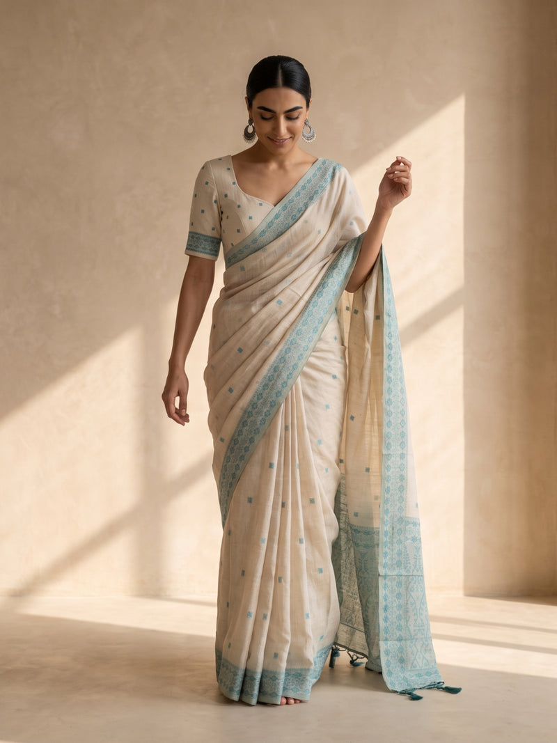Ira Cream Teal Blue Cotton Saree