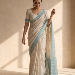 Ira Cream Teal Blue Cotton Saree