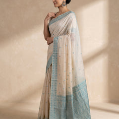 Ira Cream Teal Blue Cotton Saree