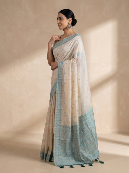 Ira Cream Teal Blue Cotton Saree