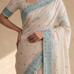 Ira Cream Teal Blue Cotton Saree