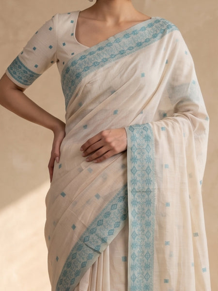Ira Cream Teal Blue Cotton Saree