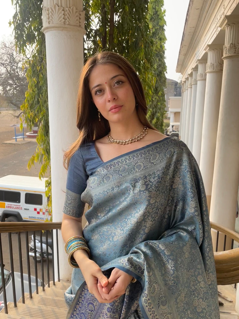 Gulnar Blue Satin Saree